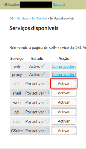 Self-Service page with highlighted AFS service "Activar" button