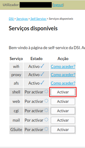 Self-Service page with highlighted Shell service "Activar" button