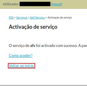 Self-Service page confirming AFS service activation with highlighted "Voltar ao início" button