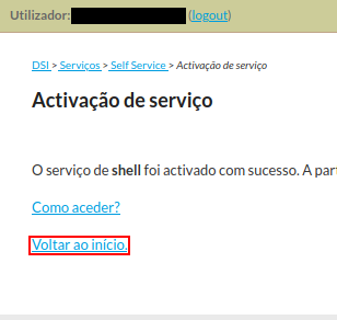 Self-Service page confirming Shell service activation with highlighted "Voltar ao início" button